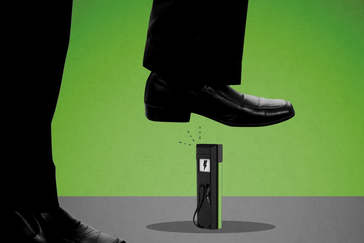 Trump stepping on an ev charger.