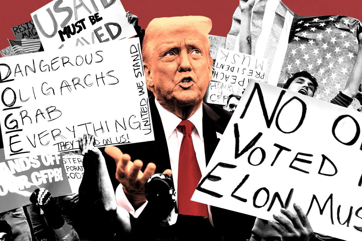 Donald Trump and protesters.