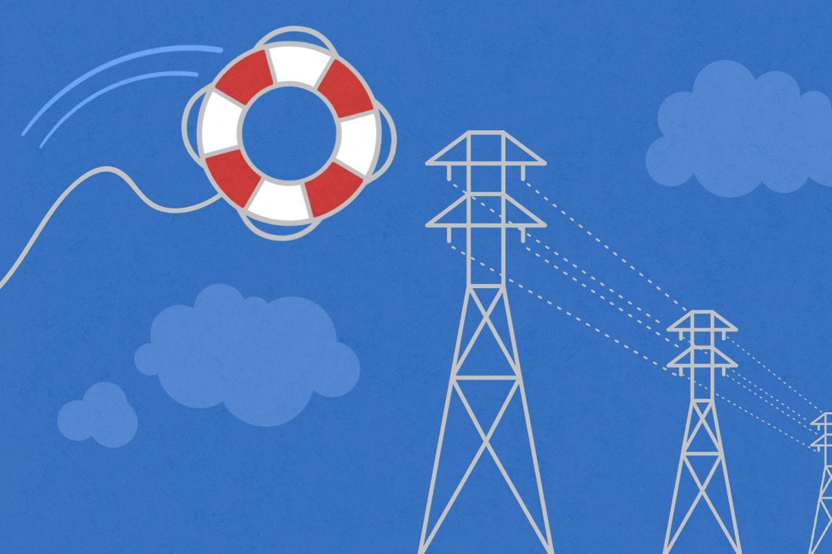 A life preserver tossed towards power lines.