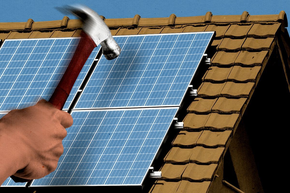 Hammering solar panels.