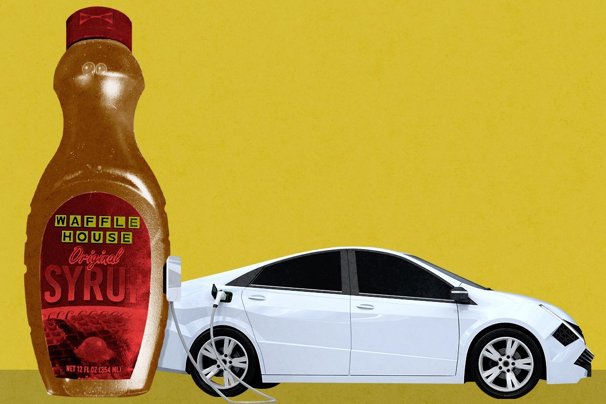 An EV and a syrup bottle.