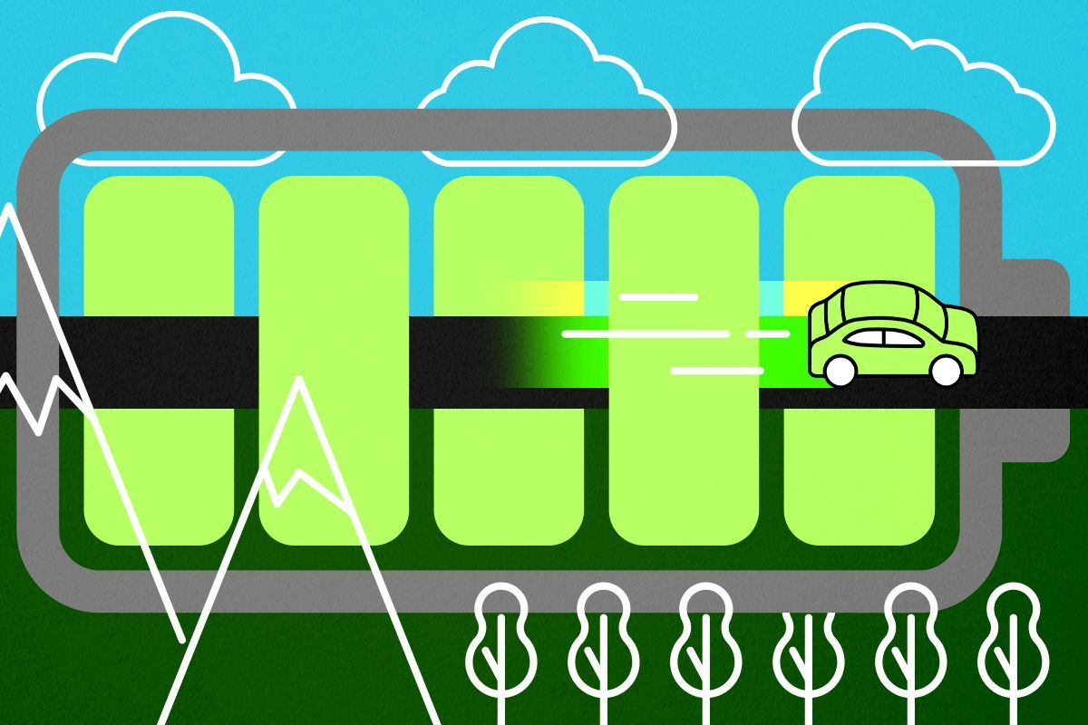 An EV driving through a landscape.