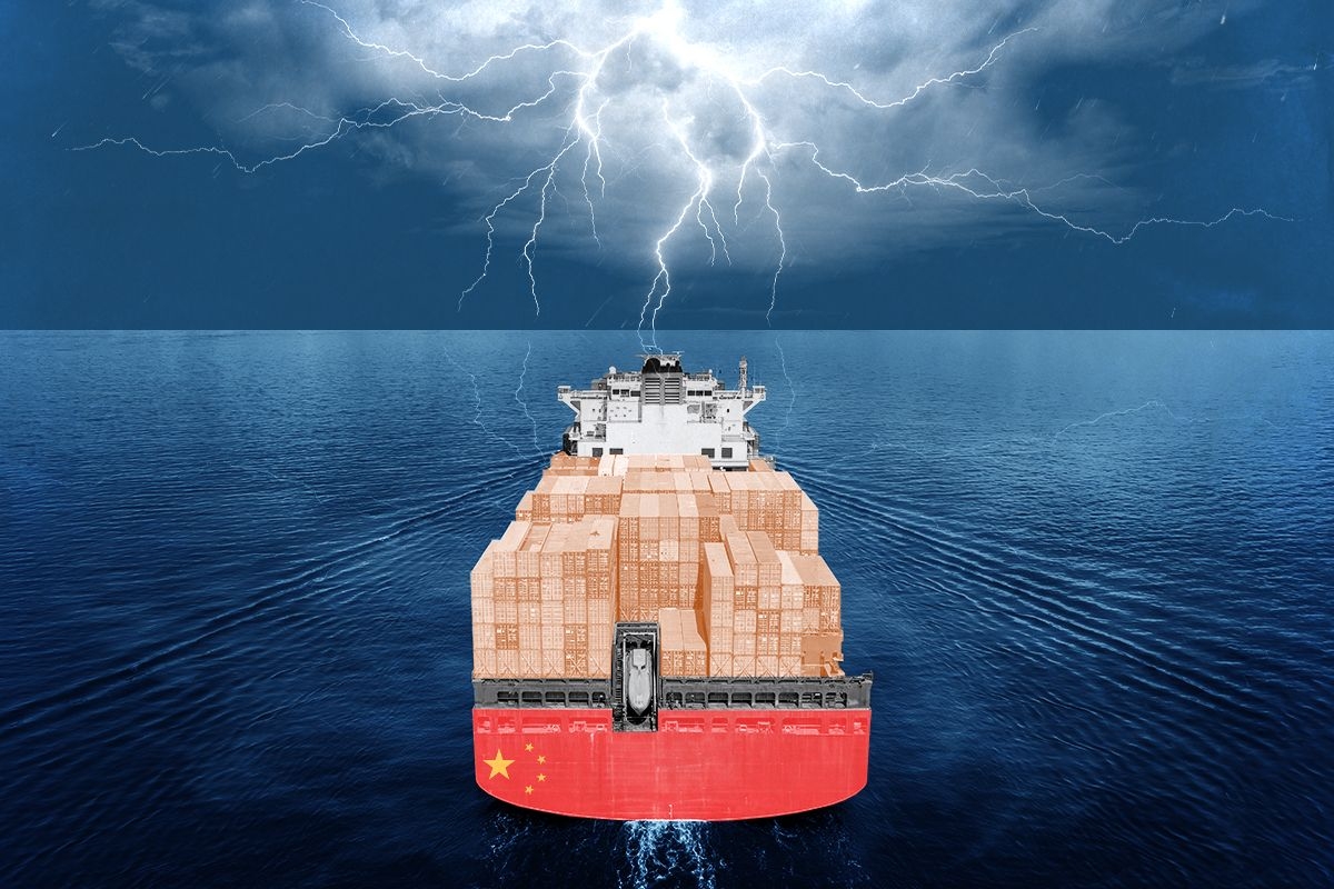 A container ship entering a storm.