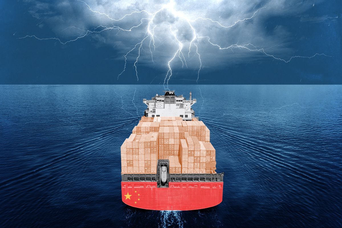 A container ship entering a storm.