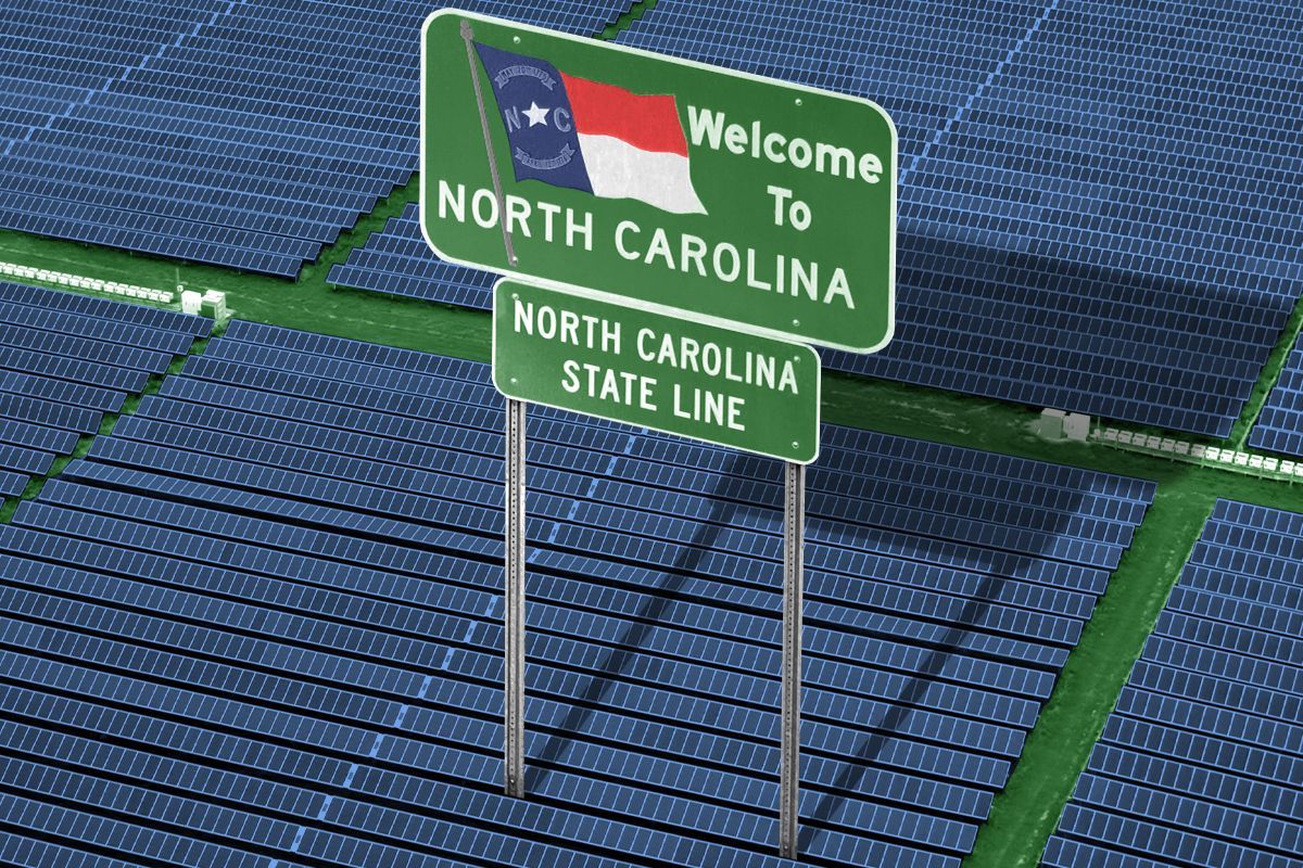 A North Carolina sign and solar panels.