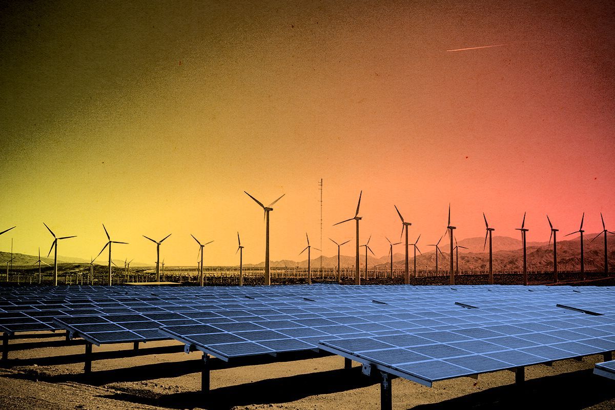 Solar panels and wind turbines.