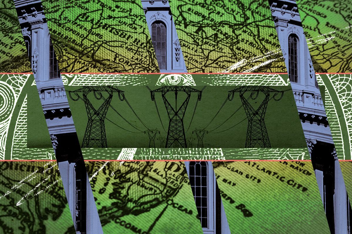 Power lines, money, the Capitol, and a map.