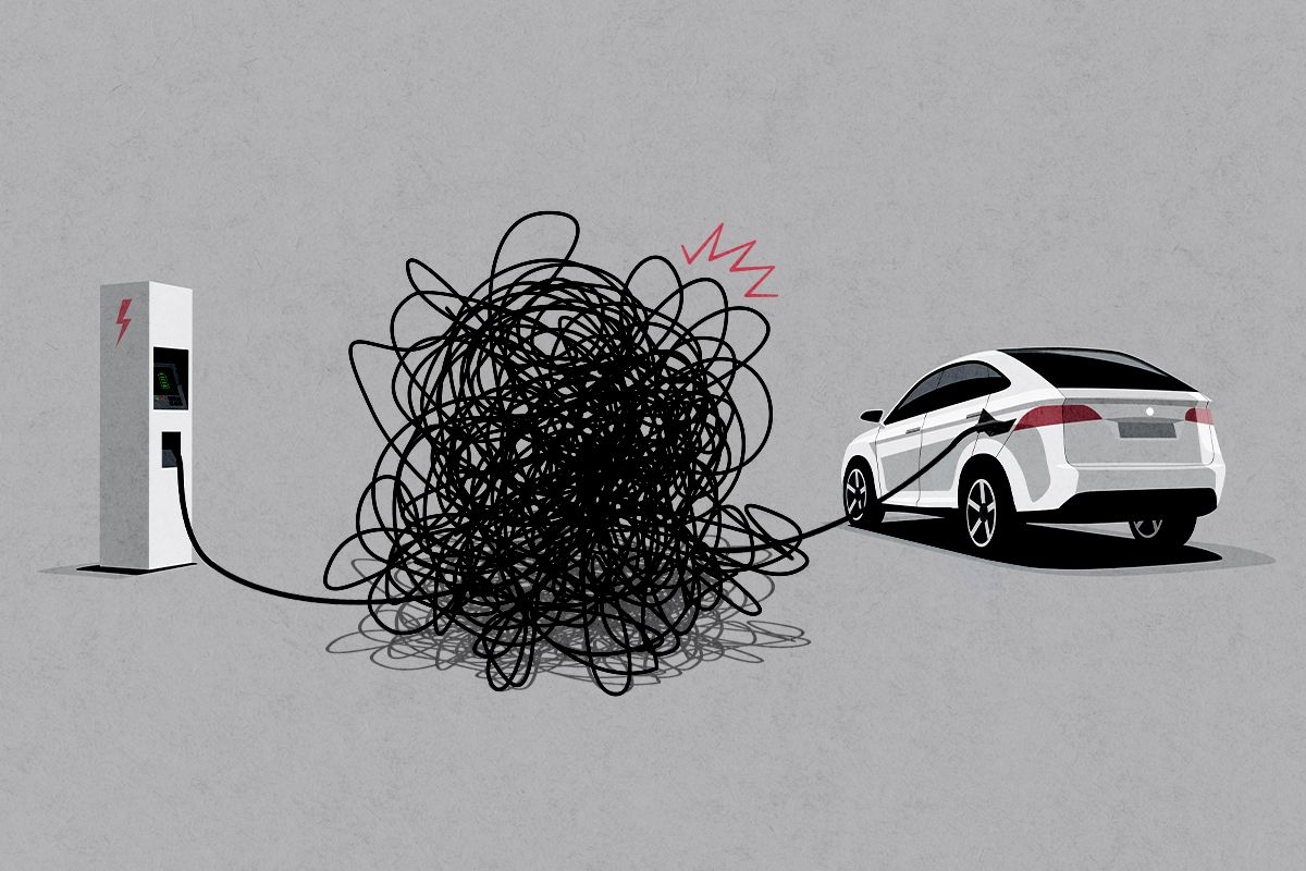A tangled EV cord.