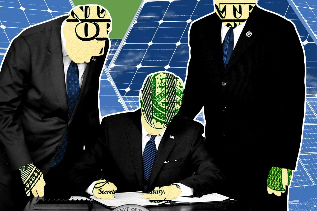 Biden signing the IRA into law and solar panels.