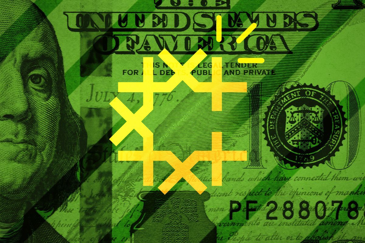 A $100 bill and the Crux logo.