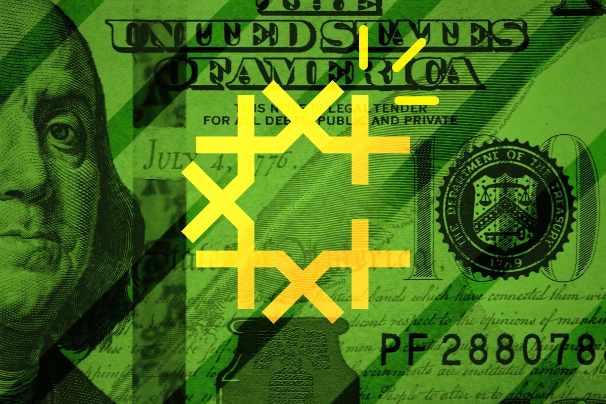 A $100 bill and the Crux logo.