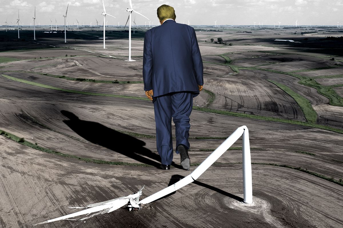 Donald Trump destroying wind turbines.