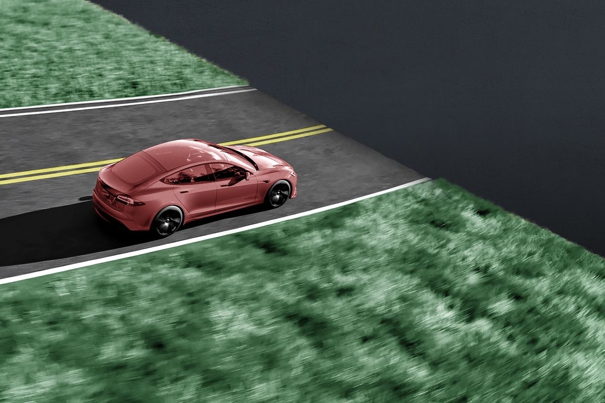 A Tesla approaching a cliff.