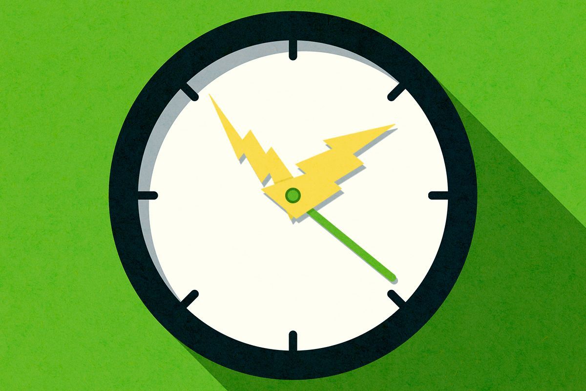 A clock with lightning hands.