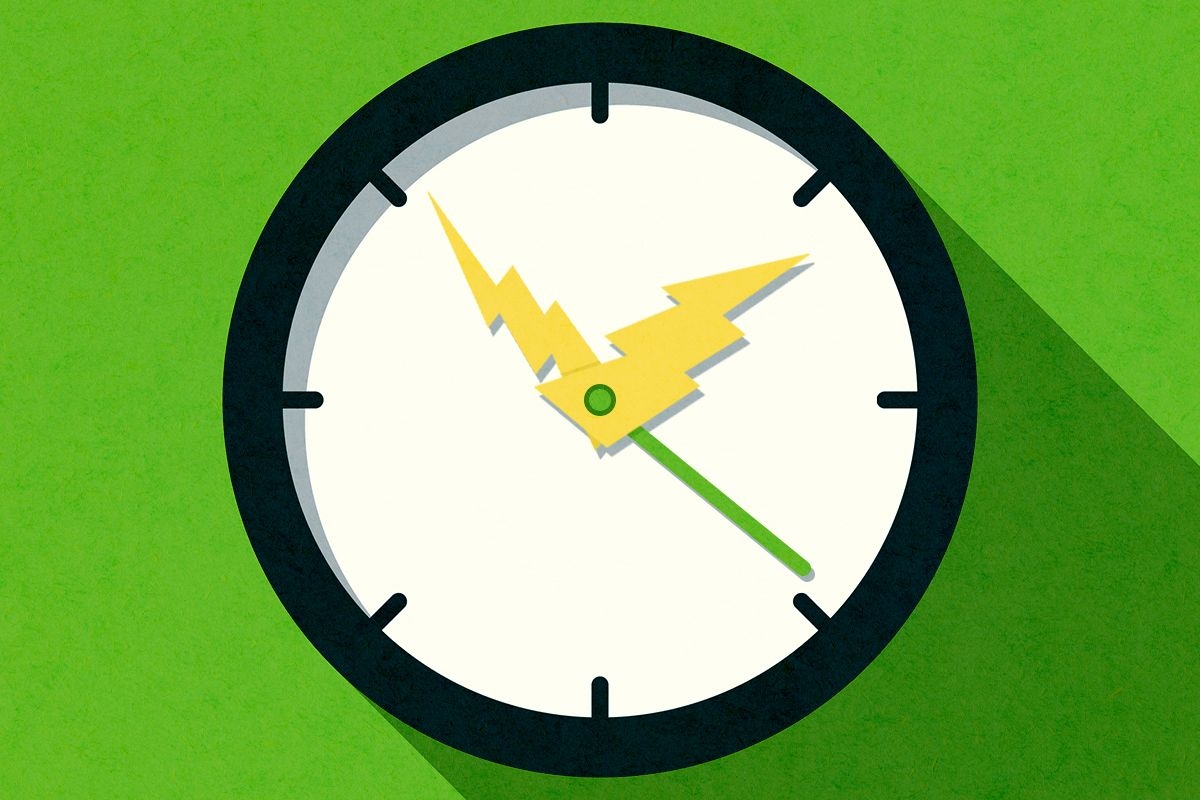 A clock with lightning hands.