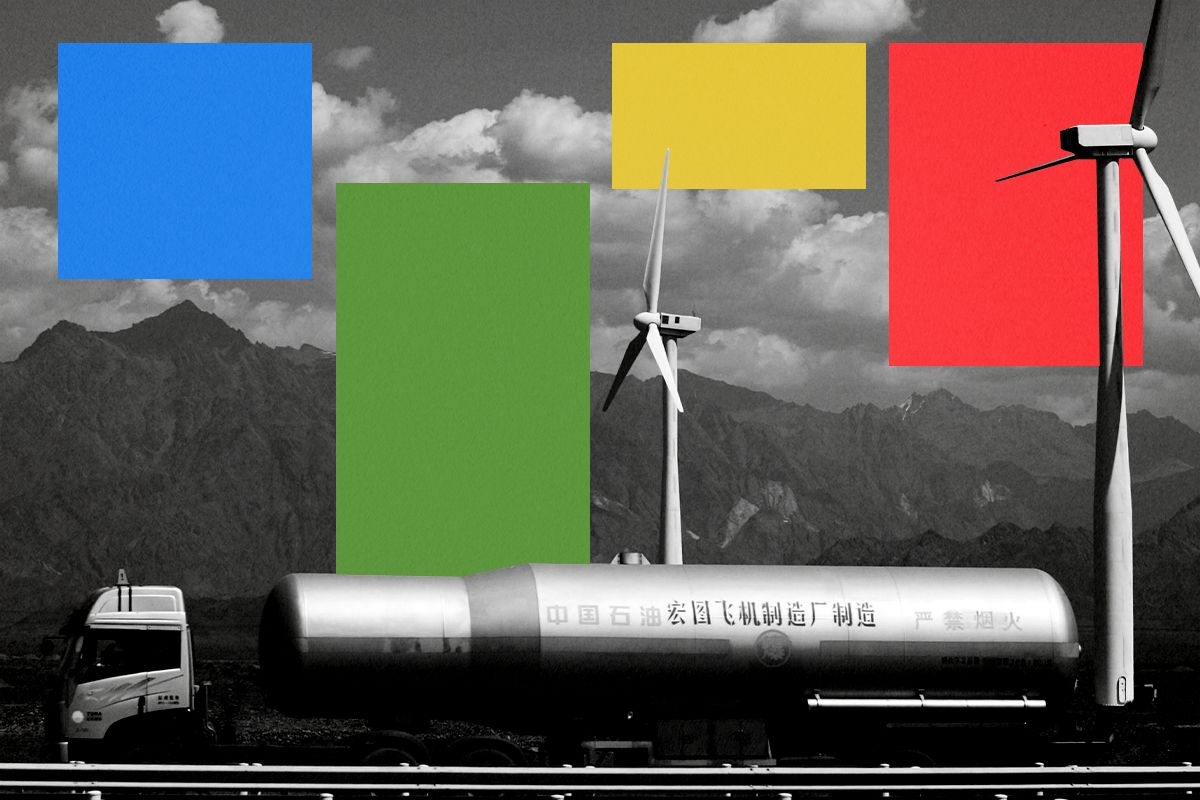 Wind turbines and a truck.