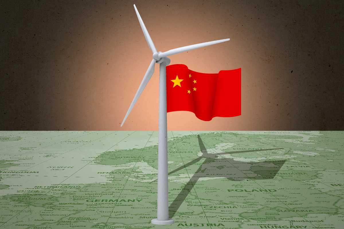 A Chinese flag and a wind turbine.