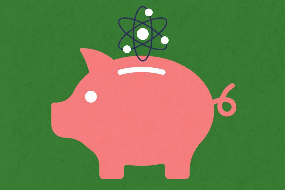 A piggy bank and an atom.