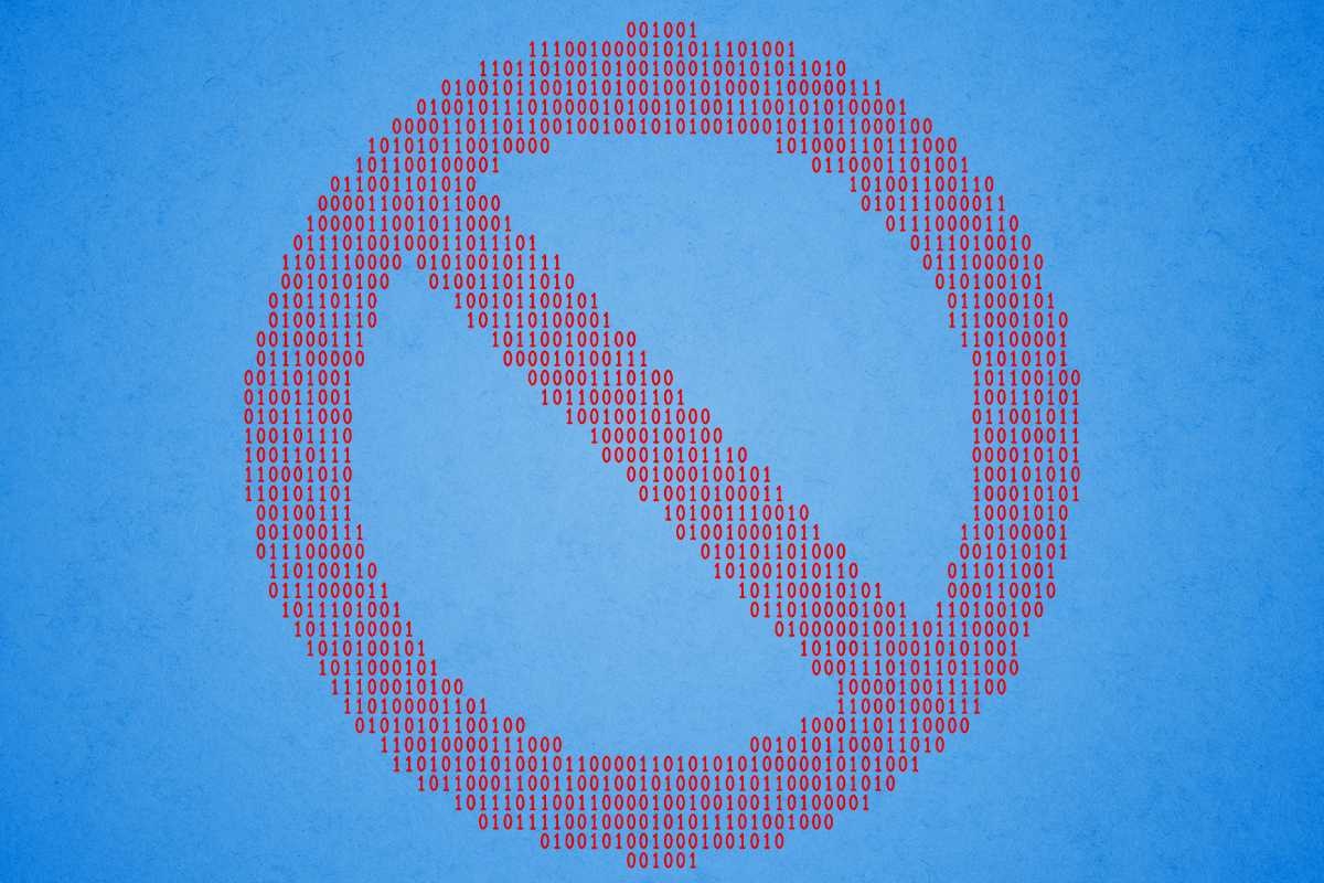 A 'no' symbol made with ones and zeroes.