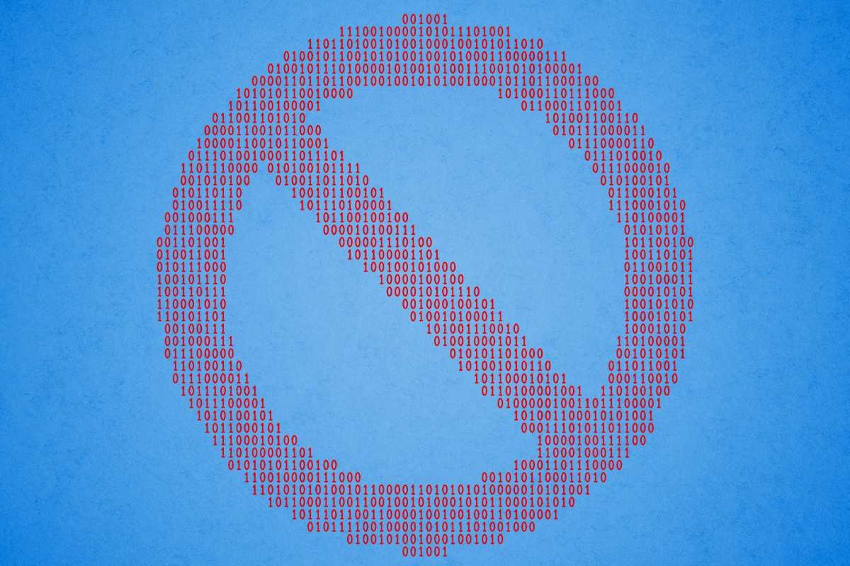 A 'no' symbol made with ones and zeroes.