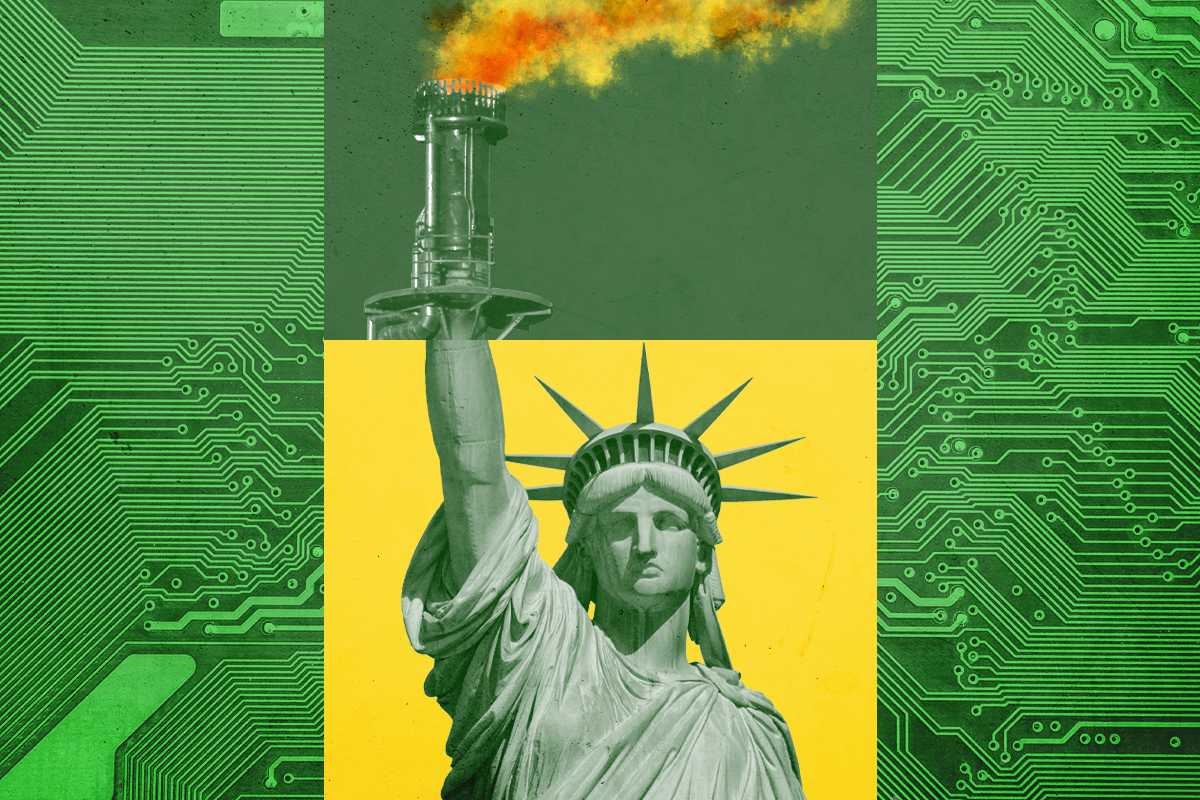 The Statue of Liberty and a natural gas flare.