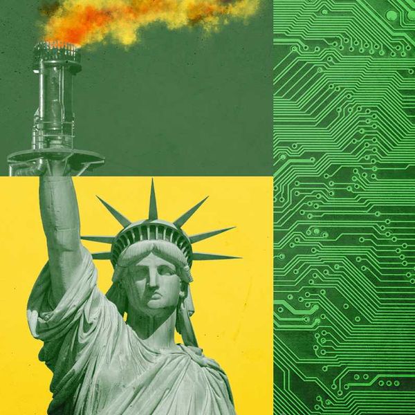 The Statue of Liberty and a natural gas flare.