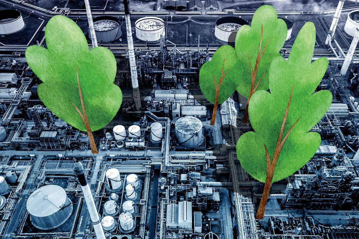 An oil refinery and trees.