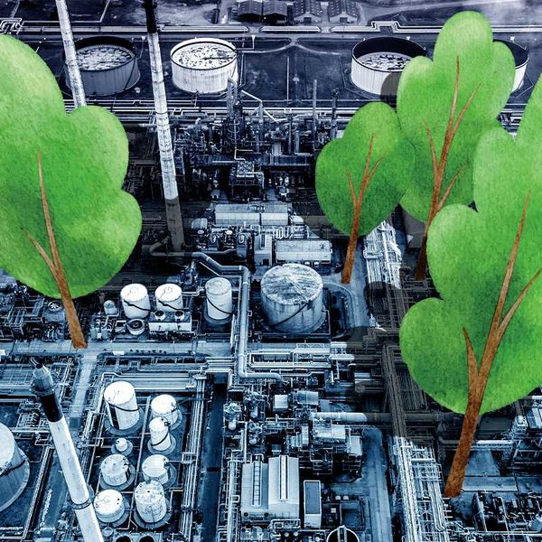 An oil refinery and trees.