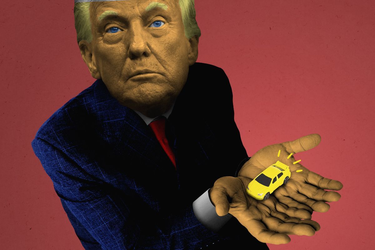 Donald Trump holding a tiny car.