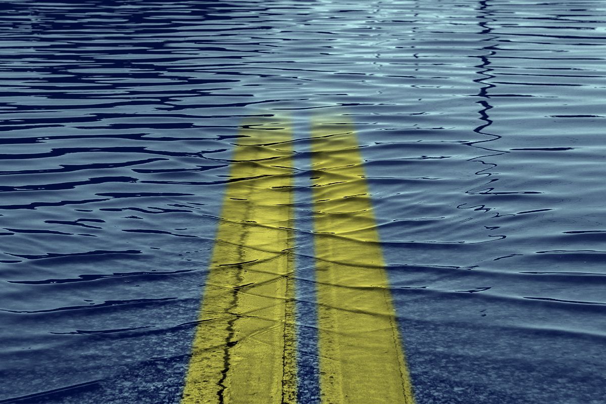 A flooded street.