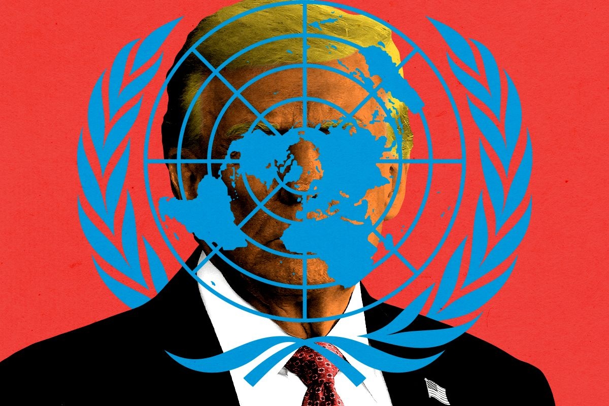 Donald Trump and the United Nations logo.