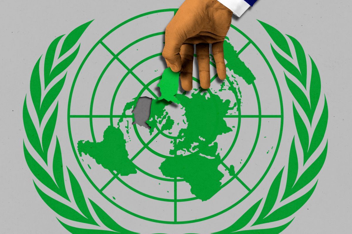Trump plucking America from the United Nations logo.