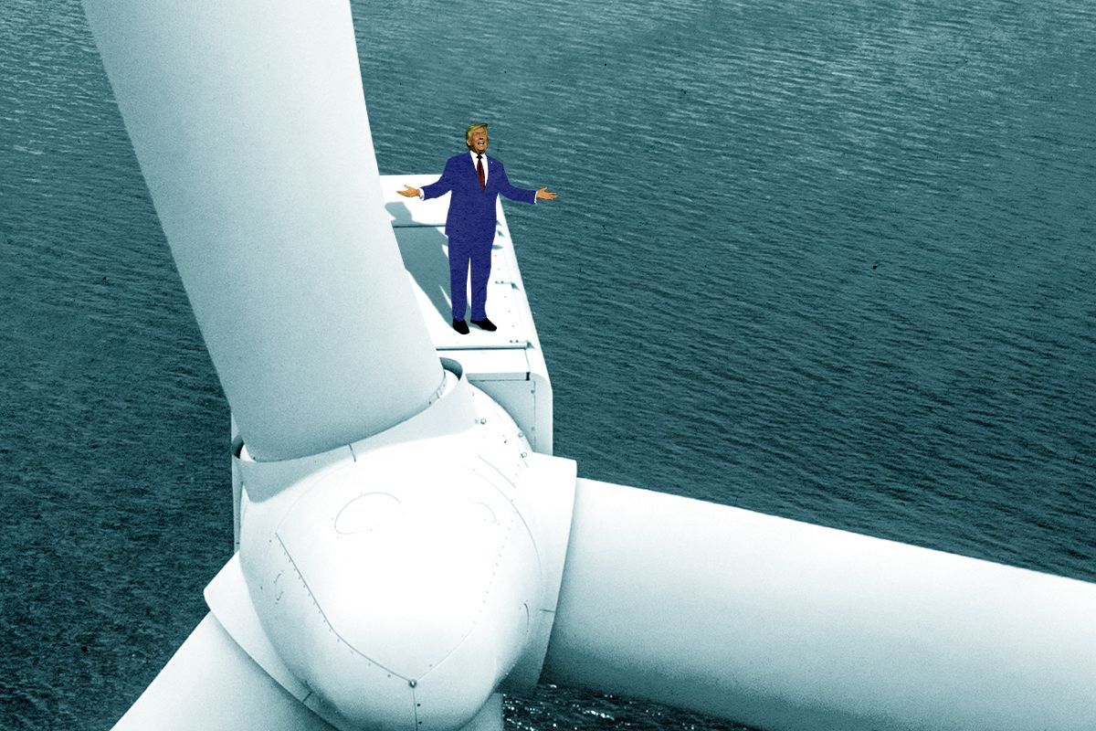 Donald Trump on a wind turbine.