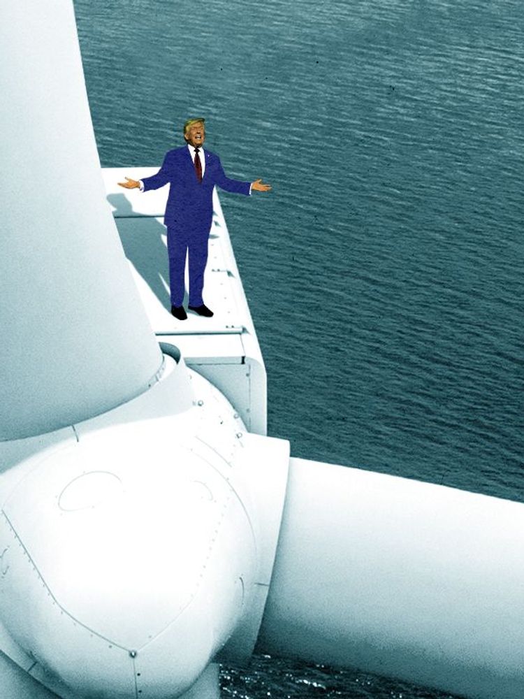 Donald Trump on a wind turbine.
