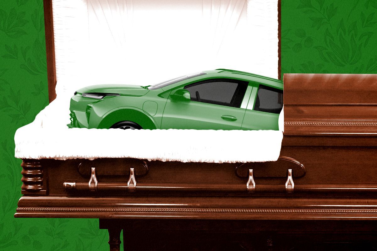A Chevy Bolt in a coffin.