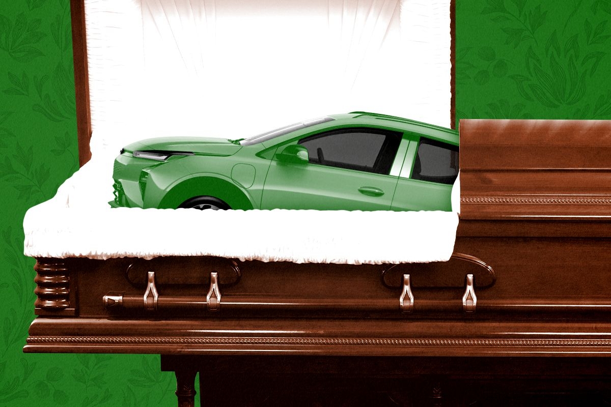 A Chevy Bolt in a coffin.