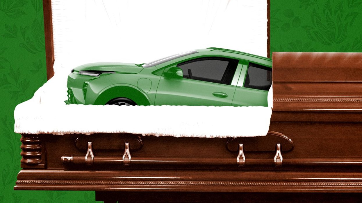 A Chevy Bolt in a coffin.