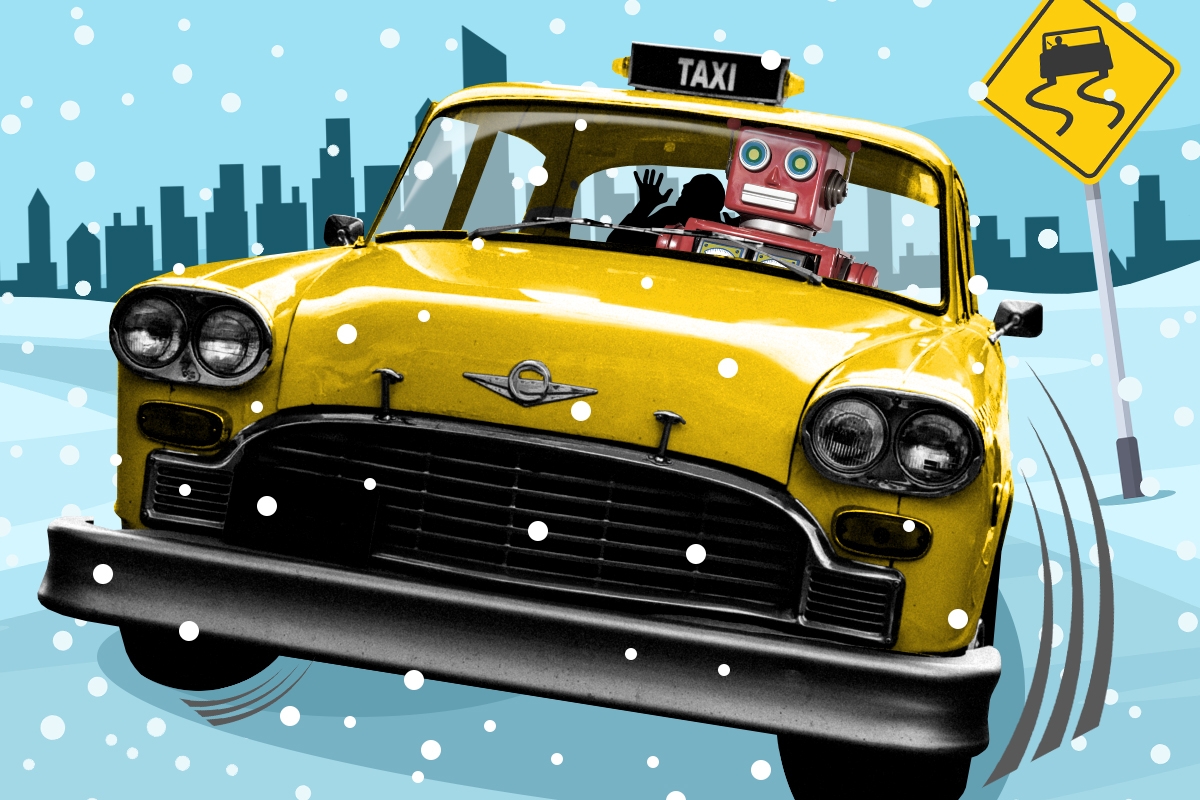 A robotaxi in the snow.
