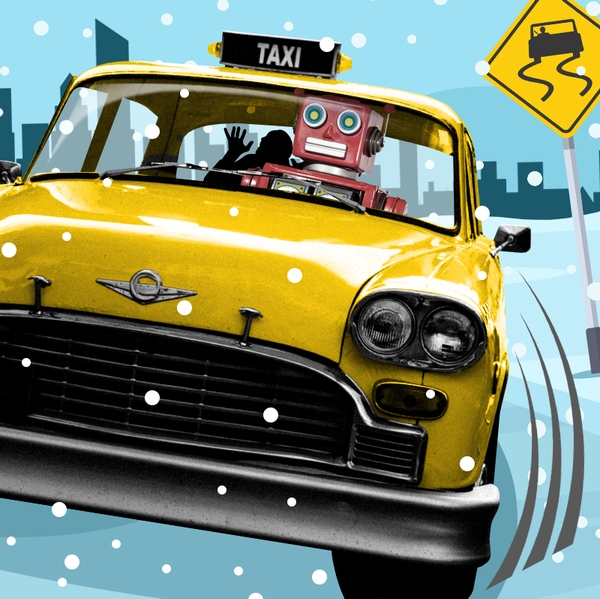 A robotaxi in the snow.