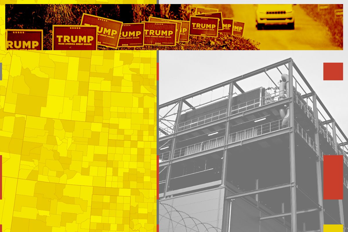 Trump signs and a data center.