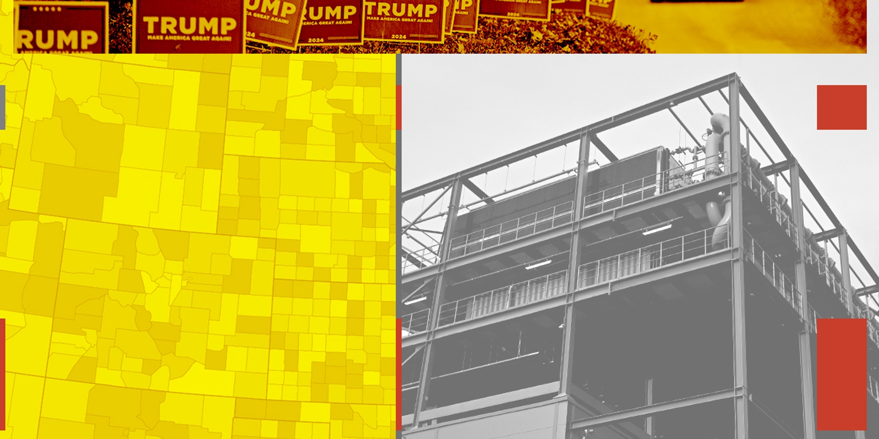 Trump signs and a data center.