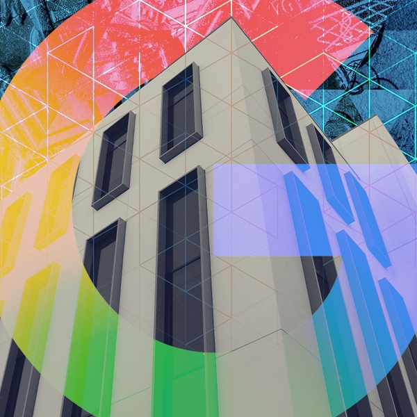 A data center and the Google logo.