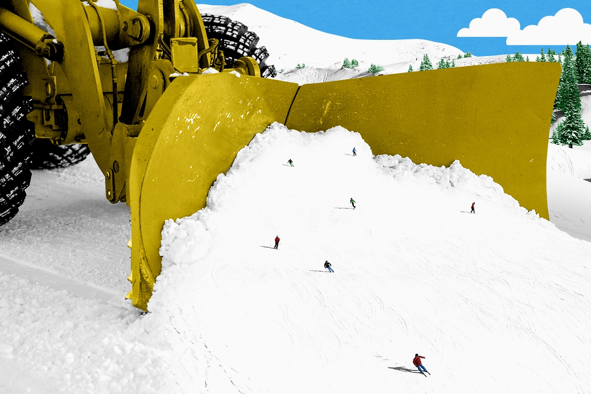 A snow plow and skiing.