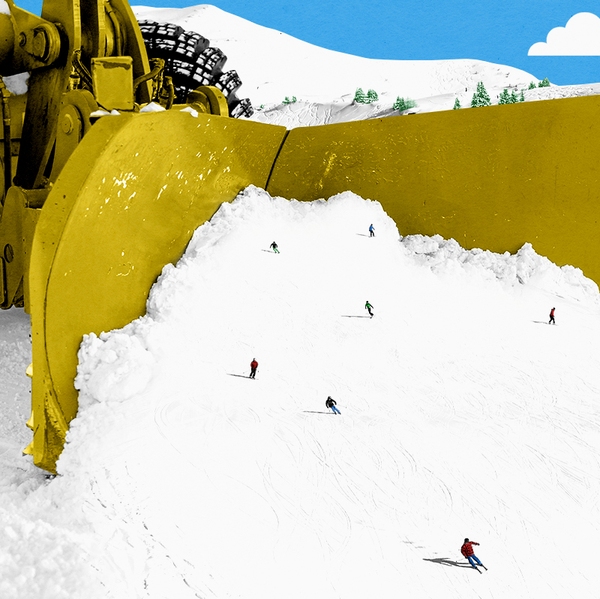 A snow plow and skiing.