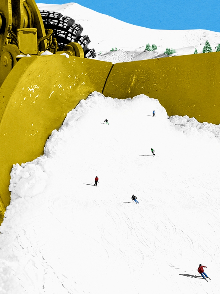 A snow plow and skiing.