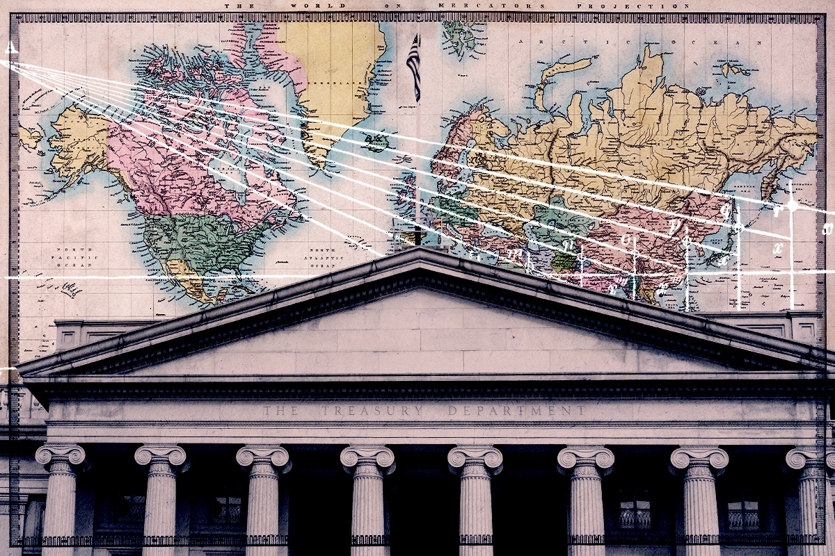 The Treasury building and a map.