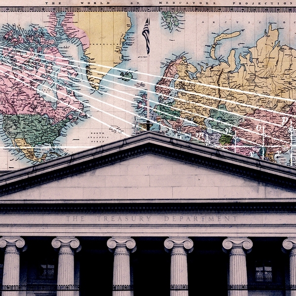 The Treasury building and a map.