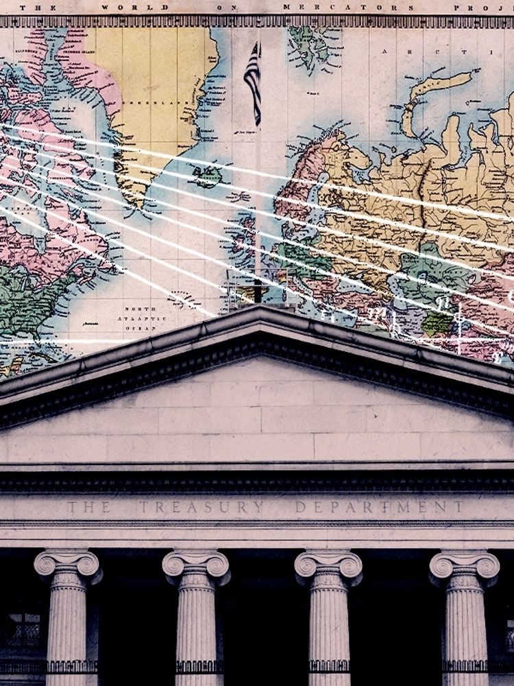 The Treasury building and a map.