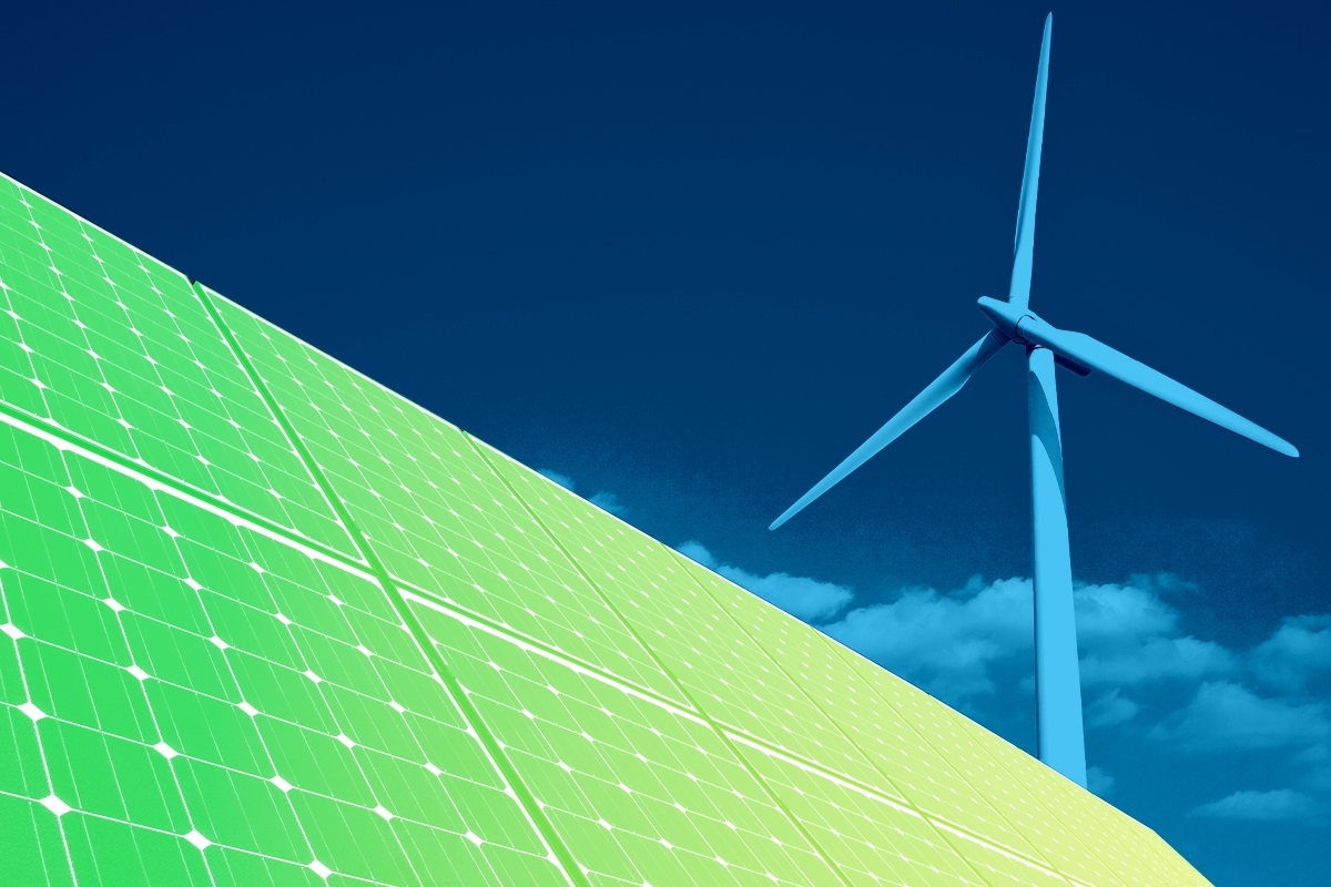 Solar panels and a wind turbine.