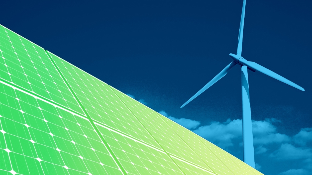 Solar panels and a wind turbine.